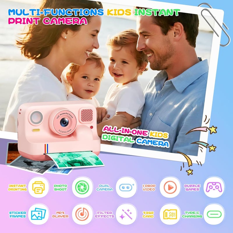 BILEBAK Instant Print Camera for Kids, Christmas Birthday Gifts for Girls Boys Age 3-15, 1080P Selfie Portable Digital Video Camera with 32GB SD Card, 3-Colored Print Paper- Pink - Image 2